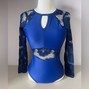 Five Dancewear Blue Lace-Accent Women's Long Sleeve Leotard - Size Small Adult